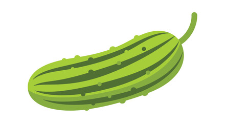 A vibrant green pickle with dark stripes and a short stem is displayed
