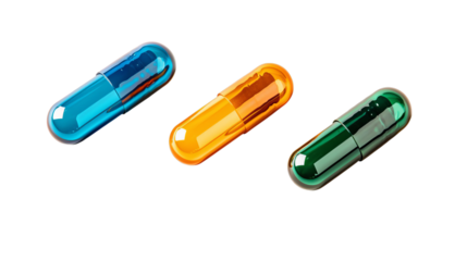PNF of A vibrant trio of transparent capsules in blue, orange, and green, reflecting light beautifully.