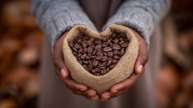 Close-up detail of hands holding coffee beans in a heart shape, textured burlap and dried coffee leaves around, warm neutral tones evoking homely comfort