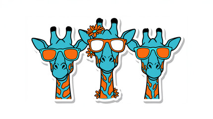 Drei t&uuml;rkisblaue Giraffen mit orangefarbenen Sonnenbrillen - humorvolle Sketchnote Karikatur  vor wei&szlig;em Hintergergrund