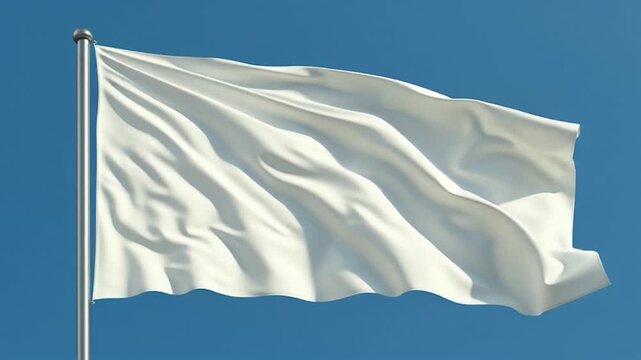 White Flag Waving in the Wind Against Blue Sky.
