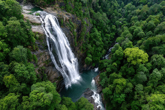 Aerial view of waterfall cascading into lush green forest