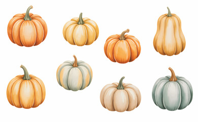 Halloween pumpkin watercolor collection. Rustic halloween pumpkin illustration.