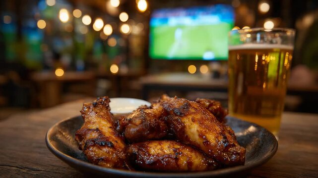 Close-up of glistening chicken wings with crispy skin, beer glass catching warm highlights, blurred TV screen with live sports in the background, inviting evening setting