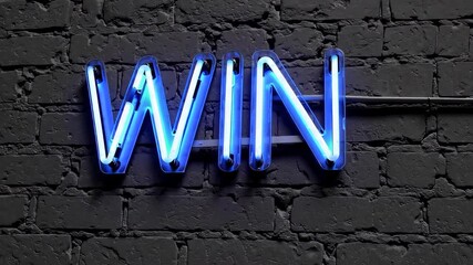 Blue neon win sign text glowing on dark brick wall background, victory concept for competition success and game achievement - Powered by Adobe