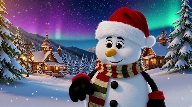  A heartwarming, stylized animation of a cheerful snowman in a striped scarf and red Santa hat on Christmas Eve