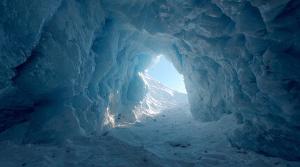 Ice cave with glowing blue walls and natural light from the entrance.