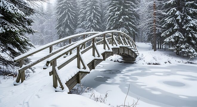 Wooden bridge covered with fresh snow in a winter wonderland forest - Powered by Adobe