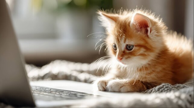 Cute ginger kitten sitting at laptop indoors - Powered by Adobe