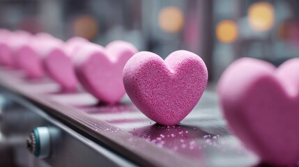 Pink glitter heart-shaped objects on production conveyor line in soft focus