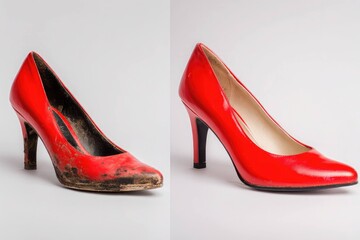 Red high heel shoe before and after cleaning comparison on white background