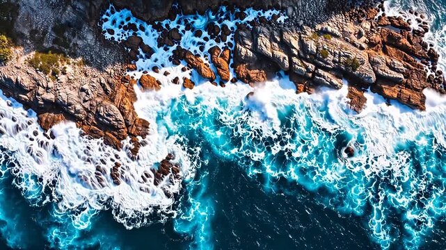 Aerial view of ocean waves crashing on rocky shore