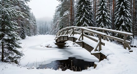 Wooden bridge covered in snow over a partially frozen river in winter