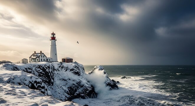 Dramatic winter seascape with lighthouse on snowy cliffs and crashing waves