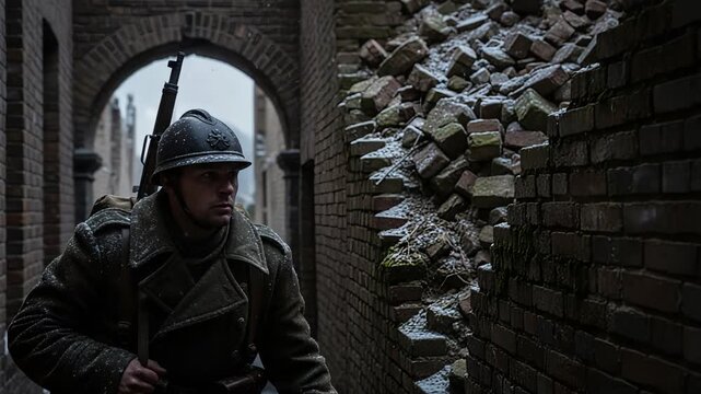 Paramilitary operative cautiously explores ruined urban passageway