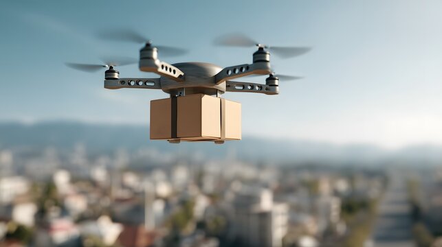 A modern drone carrying a cardboard box for delivery above an urban landscape