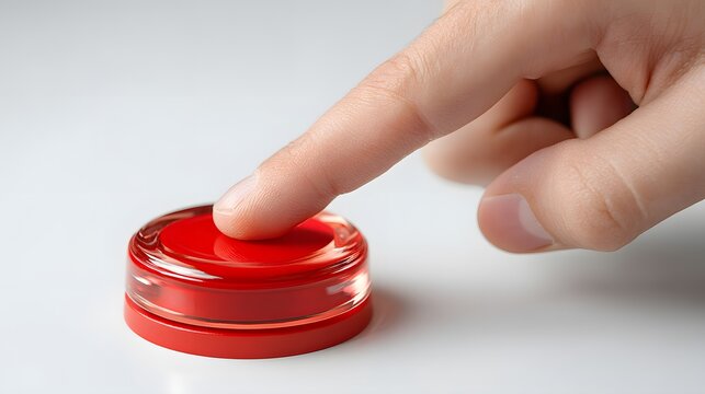 Human finger pressing a bright red push button, indicating choice or activation, isolated on white background
