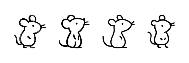 Obraz premium Cute Mouse Line Icon Set In Doodle Style. Adorable Rodent Illustrations For Children'S Books And Educational Materials. Hand Drawn Isolated Vector Illustration