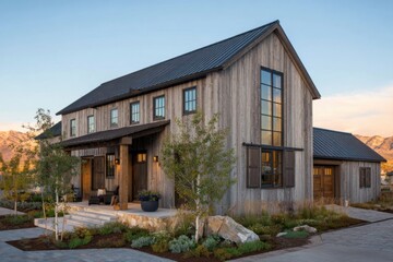 A modern farmhouse design infused with rustic charm, beautifully situated against a stunning mountain backdrop, shines during the golden hour in a tranquil neighborhood