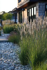 Fototapeta premium Beautiful landscaping features tall grasses and smooth stones during golden hour at a modern building in a serene outdoor setting