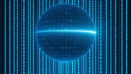 A futuristic digital sphere with a blue grid design, surrounded by glowing binary code, symbolizing data and innovation. - Powered by Adobe