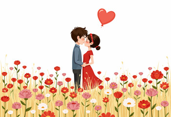 Romantic Couple Sharing a Kiss Surrounded by Vibrant Blooming Flowers with Heart-Shaped Balloon Symbolizing Love and Affection in a Dreamy Field Setting