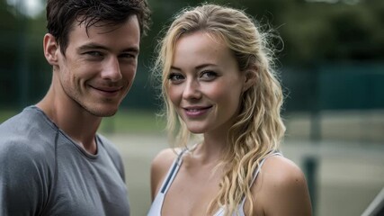Couple enjoying a moment together on a tennis court during a sunny afternoon, showcasing their joy and connection through sport and companionship