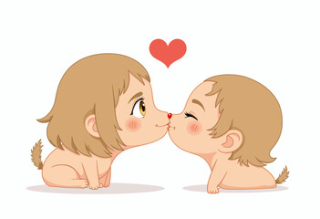 Illustration of two cute cartoon babies with animal features expressing affection by kissing on the lips under a floating red heart on a white background.