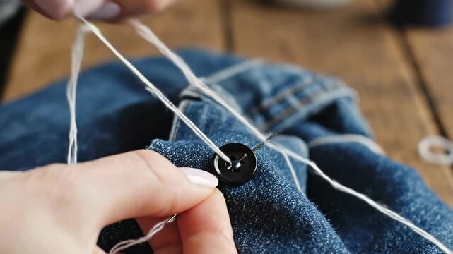 Sewing Button on Denim Fabric - A Close-Up Tutorial.