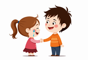 Illustration of two animated kids, a boy and a girl, joyfully interacting and shaking hands while expressing happiness and friendship in a playful environment