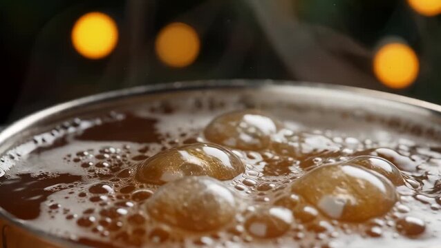 Close-Up of Bubbles in a Foamy Beverage with Warm Background Glows