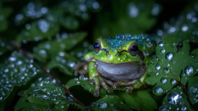 High-resolution macro of a fluorescent green frog among leaves, natural dew drops glistening on its skin, crisp sharpness capturing wildlife realism