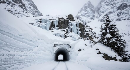 Dramatic winter landscape with snow covered mountains and a tunnel entrance