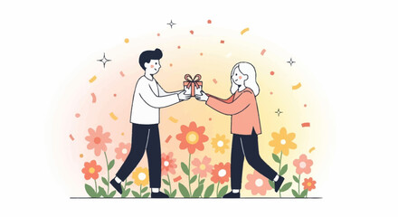 Joyful moment of gift exchange between two friends, symbolizing appreciation, celebration, and shared happiness amidst colorful confetti and blooming flowers