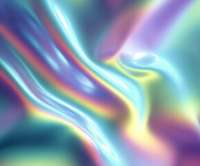 Fototapeta premium Vibrant holographic abstract background with smooth iridescent waves, soft neon glow, liquid light reflections and flowing pastel rainbow colors perfect for modern designs and creative digital project