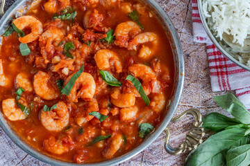 King prawns in spicy tomato sauce with basmati rice