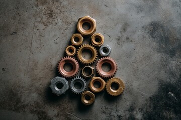 Creative arrangement featuring metal gears shaped like Christmas tree on textured background