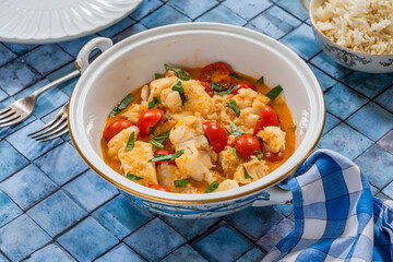 Red Thai fish curry with fragrant coconut rice