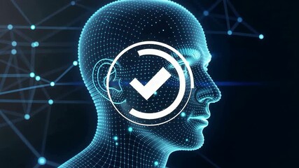 Digital human head with a checkmark symbol representing cybersecurity and technological verification processes - Powered by Adobe