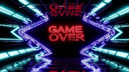 Futuristic game over neon text tunnel with blue and red lights, retro gaming concept for virtual reality and arcade level end - Powered by Adobe
