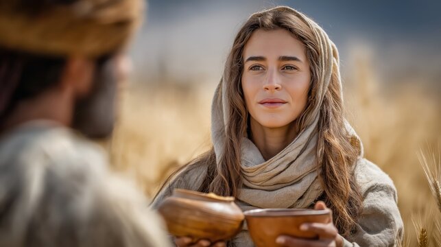 Abigail carrying food to David&rsquo;s men with clay jars and bread in warm sunlight