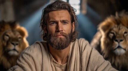 Daniel in the lions’ den resting in quiet faith beneath morning light