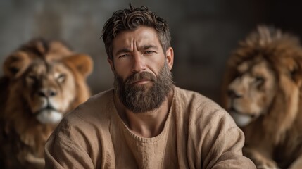 Daniel in the lions’ den resting in quiet faith beneath morning light