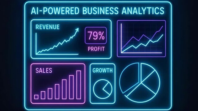 Visual representation of AI-powered business analytics showcasing revenue, profit, sales, and growth metrics in vibrant neon colors.
