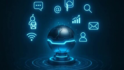 A futuristic globe surrounded by glowing digital icons representing communication and connectivity in the modern world. - Powered by Adobe