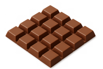 Milk chocolate bar isometric view with breakable squares, sweet treat for desserts and snacks, transparent background