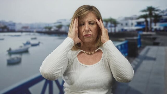 Middle aged caucasian woman holds head with both hands on street promenade by the sea; pain headache.