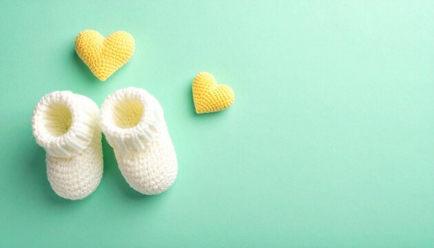 Cozy Knitted White Baby Booties and Yellow Crocheted Hearts on Pastel Mint Green Background with Copy Space.