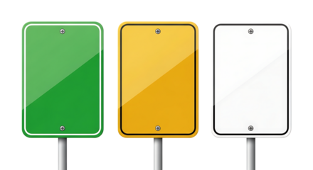 Three blank rectangular traffic sign mockup isolated on transparent background