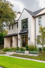 Obraz premium This stunning modern home features expansive windows that provide ample natural light, complemented by a beautifully landscaped yard, all set in a serene suburban neighborhood under a cloudy sky